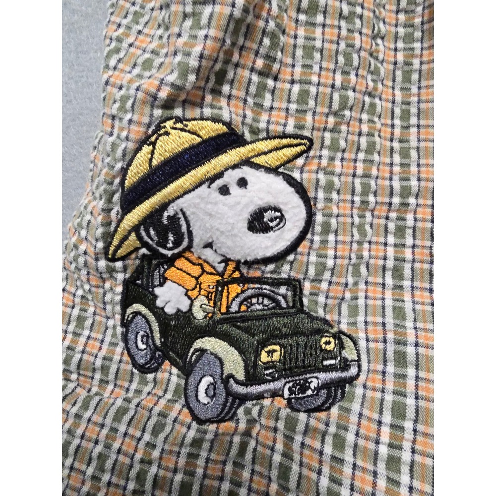 Vintage Baby Snoopy Safari Plaid Overalls Shortalls Green Orange 24M Peanuts